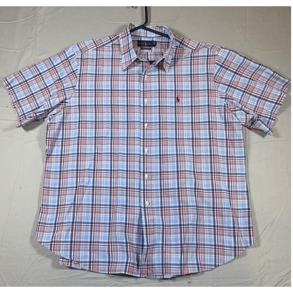 Ralph Lauren Mens XXL Classic Fit Plaid Short Sleeve Button Down Shirt Blue Red